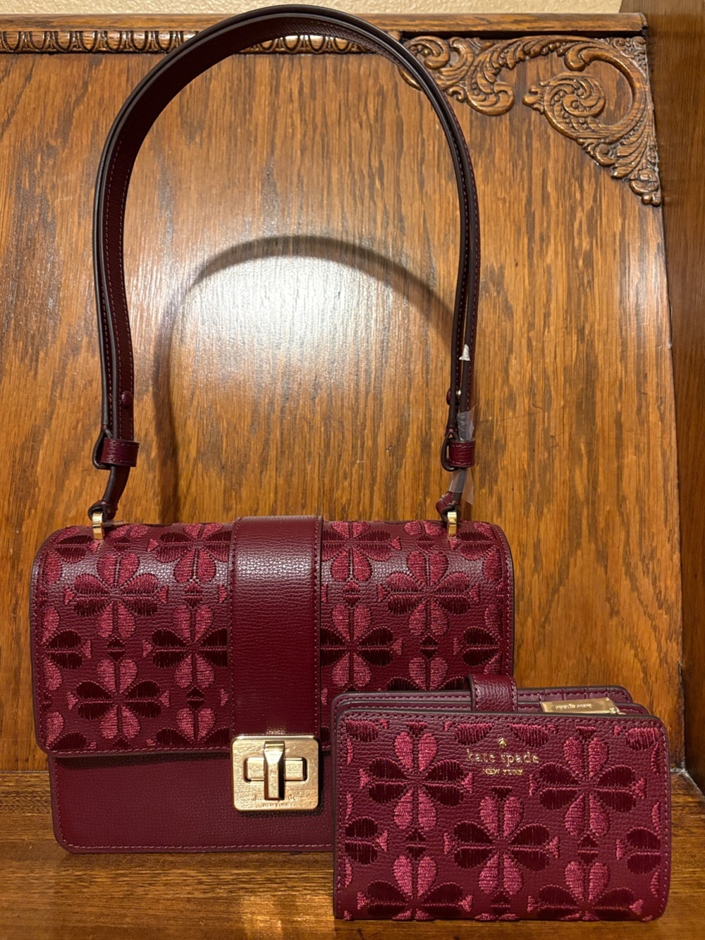 NWT-Kate Spade-SET-Shoulder Bag & Bifold Wallet-SpadeFlower Embroidery-Dk Merlot